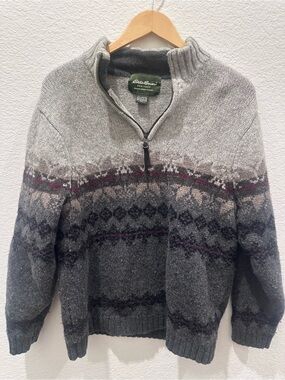 Eddie Bauer Heritage Fair Isle 100% Wool Blend Quarter Zip Sweater Gray Nordic